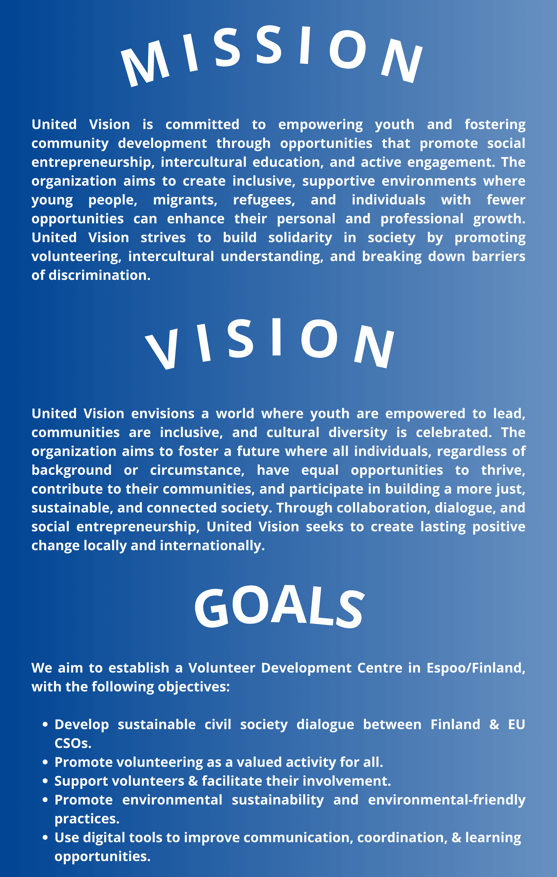 An image containing content for United Vision Mission, Vision & Goals reflecting Volunteering.